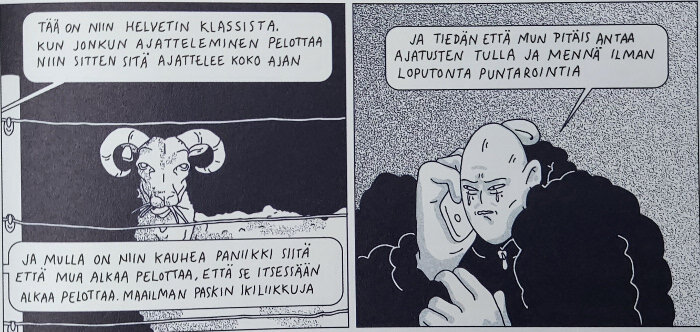 Moa Romanova: Paniikkiprinsessa. Ruutu, jossa sarjakuvan Moa alkaa ahdistua ja soittaa ystävälleen.