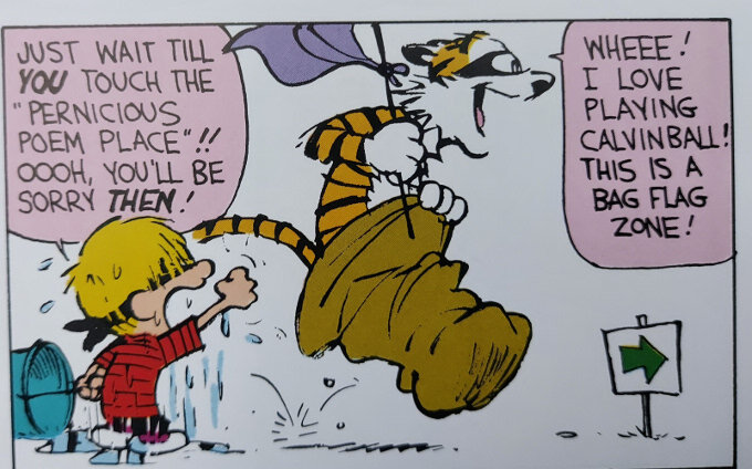 Calvin and Hobbes -ruutu (vuosi 1991), jossa Lassi ja Leevi pelaavat Lassipalloa