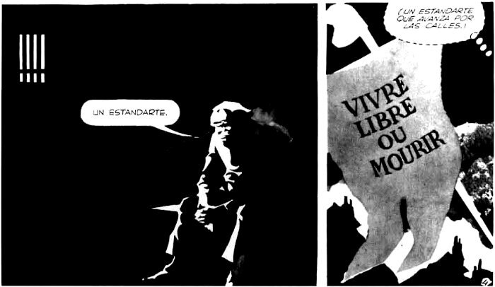 Kahden ruudun kuvanäytteessä vanki ja viiri, jossa lukee portugaliksi "elää vapaana tai kuolla".