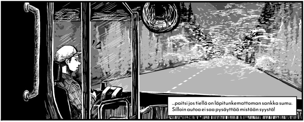 Lili Peltola ja Jarmo Maaranen: Yölinjalla (sarjakuvaruutu)